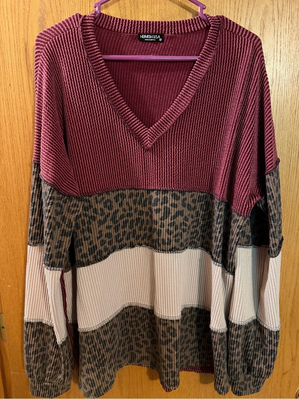 HEIMISH USA Burgundy, Leopard & Cream V-Neck Colorblock Sweater